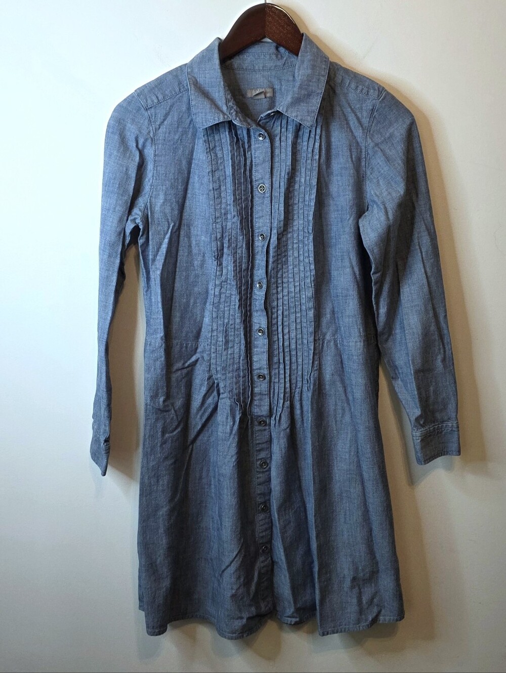 J. Jill Pintuck Denim Chambray Shirt Dress Blue Long Sleeve Pleated Small Petite